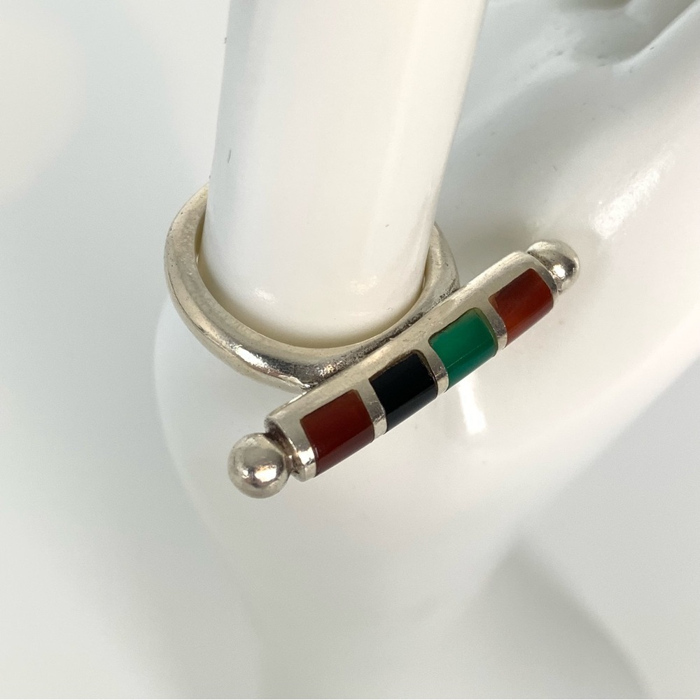 Sterling Silver Ring Multistone Bar Sz 7.5 Stamped 925 Red Green Black Vtg - Picture 4 of 11